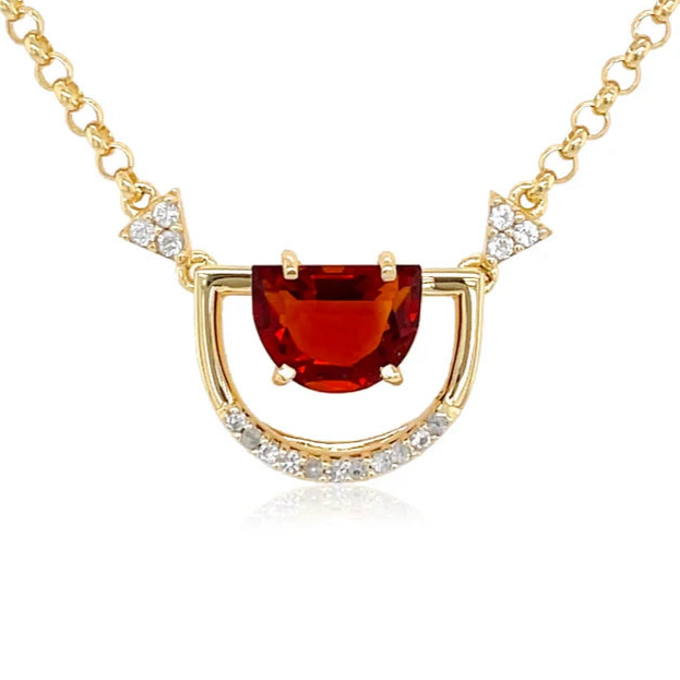 Gold necklace with a orange gemstone pendant on a white background
18k Yellow Gold Vermeil over 925 Silver - 3.9 grs
Half-moon cut Madeira Citrine - 1.2 cts
17 White Topaz round 1.0 mm diamond cut
