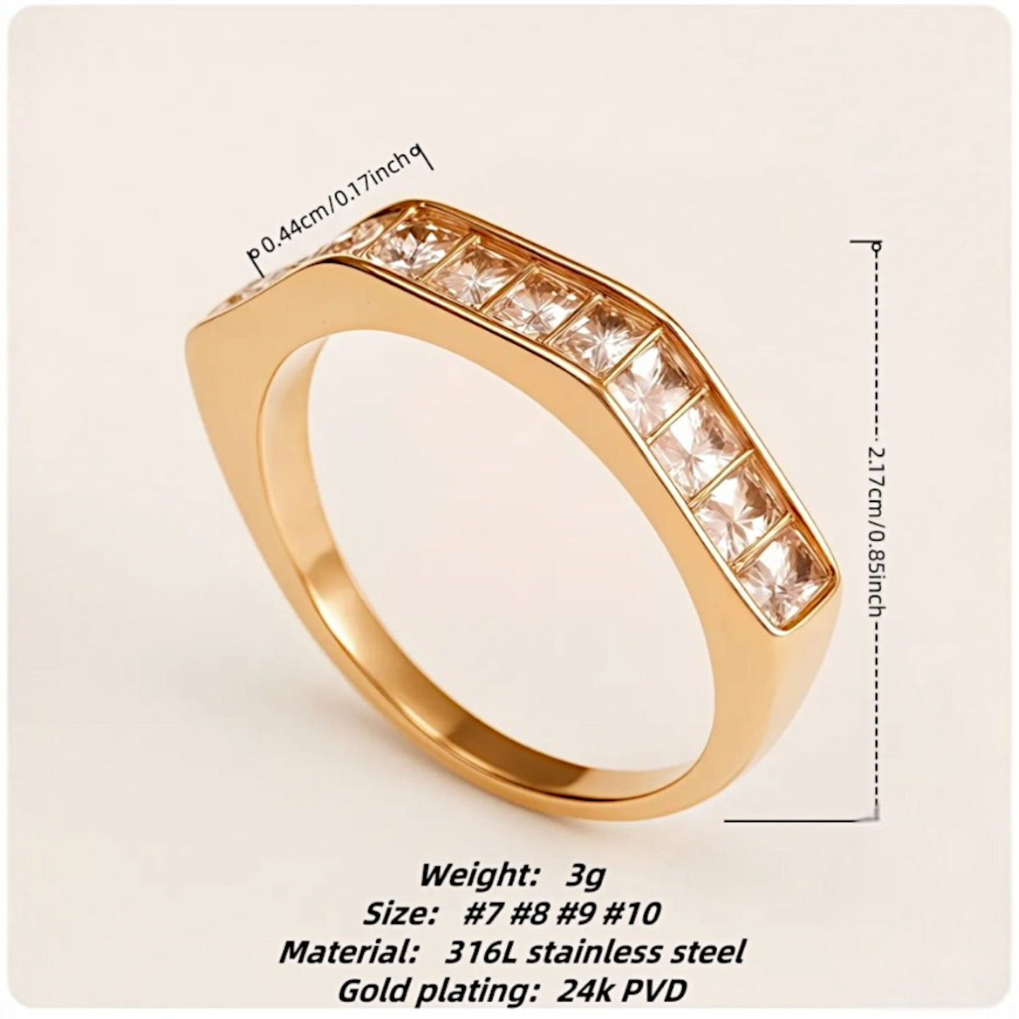 Gold ring with gemstones on a beige background with measurements and material details.