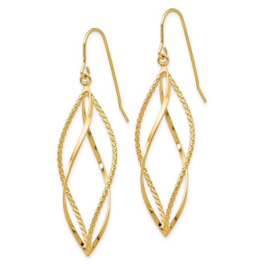 Gold earrings with a twisted design on a white background
Material: 10K yellow gold
Color: yellow gold
Closure: French wire closure
Measurement: 13 mm width, 45 mm length