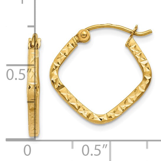 Gold hoop earrings with a ruler for scale on a white background
Material: 10K yellow gold
Color: yellow gold
Closure: wire and clutch
Measurement: 2 mm thickness, 17 mm length, 17 mm width
