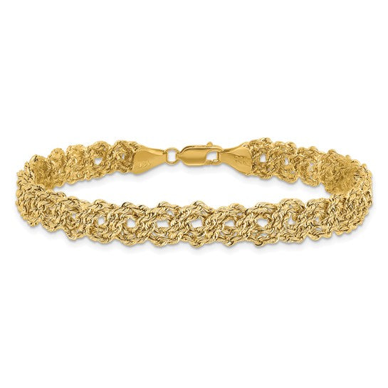 Gold bracelet on a white background
Material: 14K yellow gold
Color: yellow gold
Closure: lobster clasp
Measurement: 7.75" length, 8.2 mm width