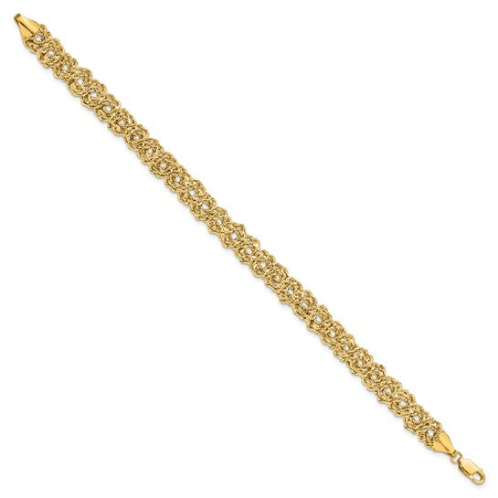 Gold bracelet on a white background
Material: 14K yellow gold
Color: yellow gold
Closure: lobster clasp
Measurement: 7.75" length, 8.2 mm width