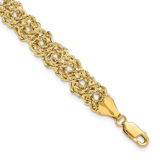 Gold chain bracelet on a white background
Material: 14K yellow gold
Color: yellow gold
Closure: lobster clasp
Measurement: 7.75" length, 8.2 mm width