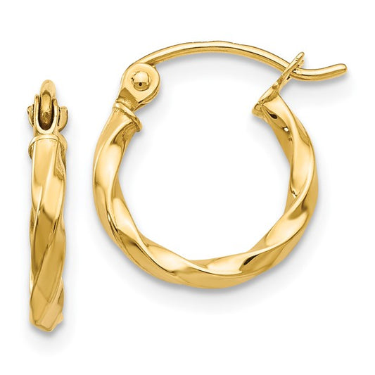 Gold hoop earrings on a white background
Material: 14K yellow gold
Color: yellow gold
Closure: wire & clutch
Measurement: 12 mm width, 10 length