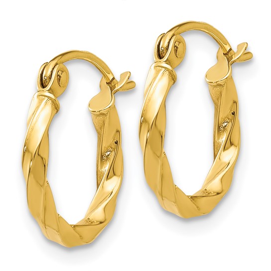 Gold hoop earrings on a white background
Material: 14K yellow gold
Color: yellow gold
Closure: wire & clutch
Measurement: 12 mm width, 10 length