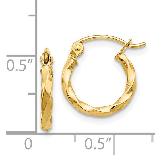 Gold hoop earrings with a measurement scale on a white background
Material: 14K yellow gold
Color: yellow gold
Closure: wire & clutch
Measurement: 12 mm width, 10 length