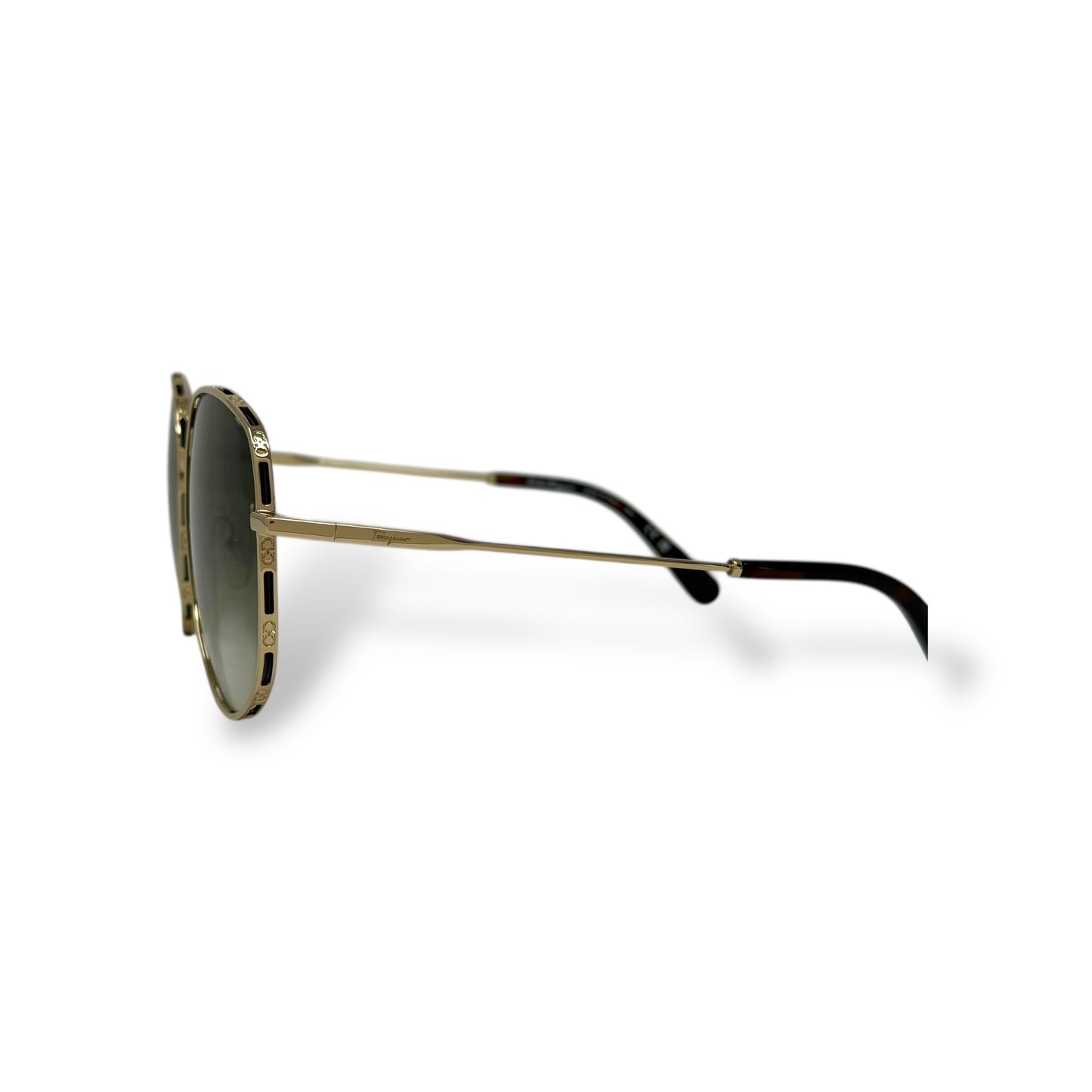 Ferragamo - SF277S Sunglasses women, oversized, lightweight, round wire gold frame with green gradient lens. left side view