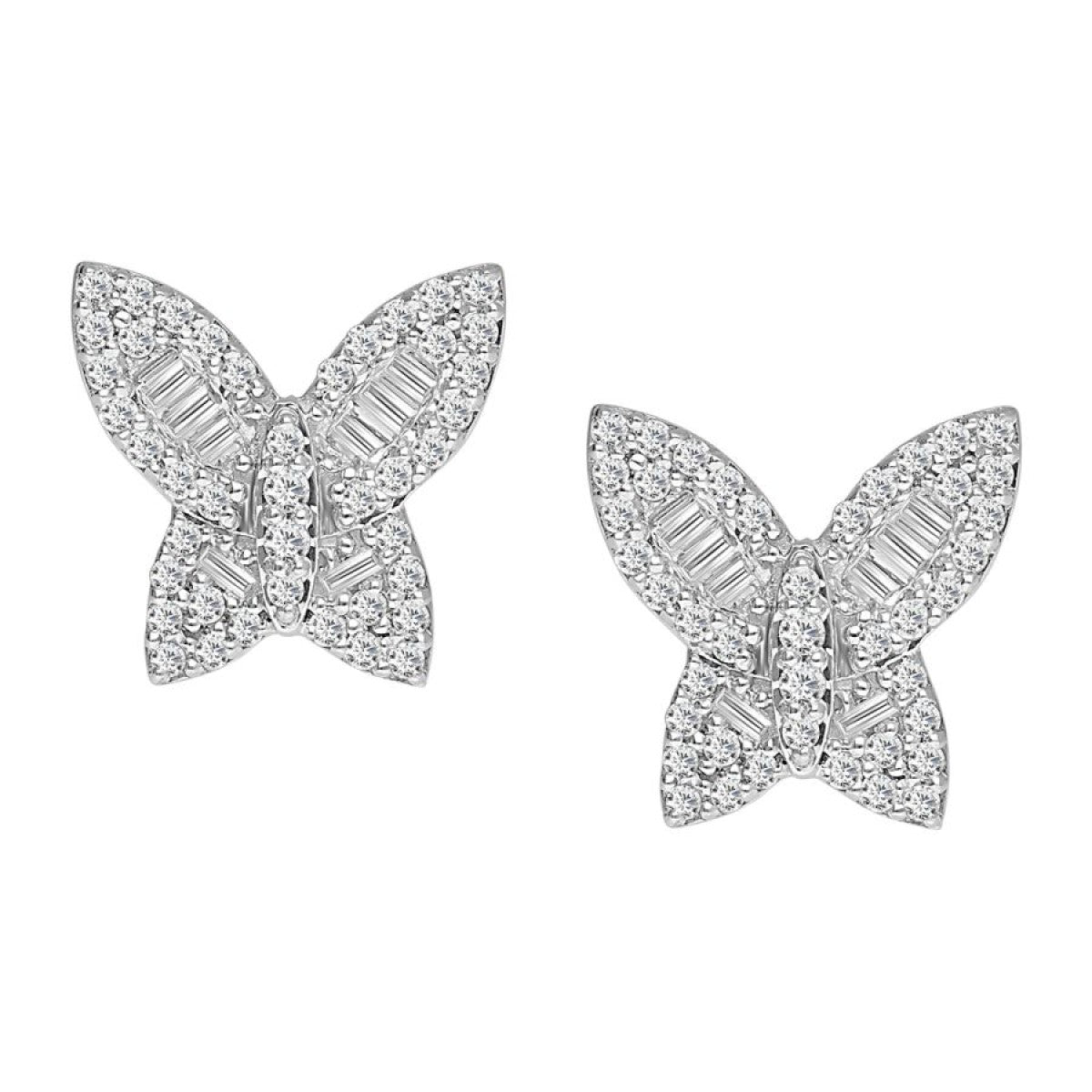 Butterfly-shaped earrings with diamond accents on a white background