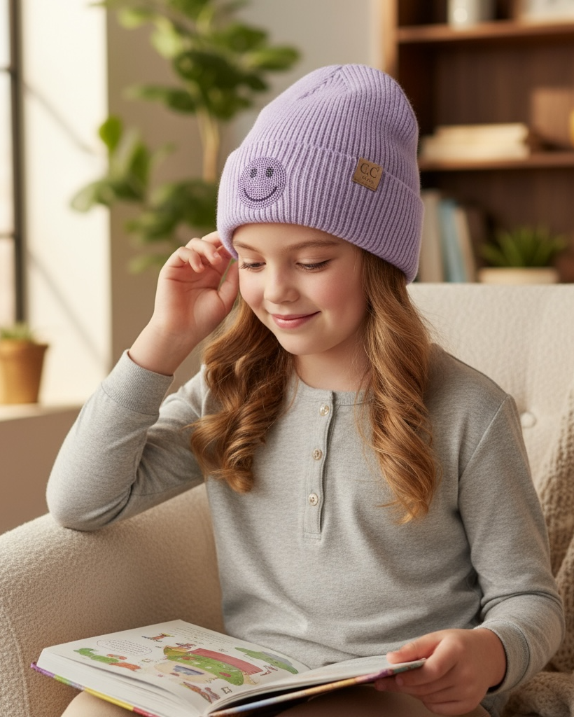 Young girl wearing a purple knit hat with a smiley face, sitting on a couch reading a book.