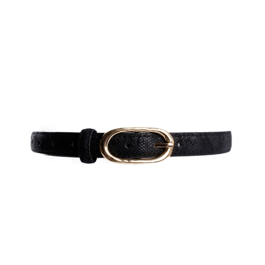 Black leather belt with a gold buckle on a white background