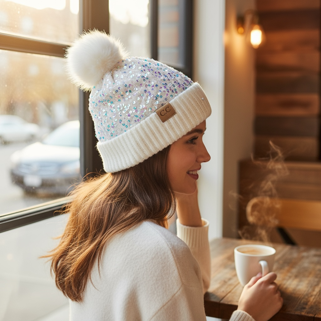 C.C Kids Pom Pom and Sequin Beanie