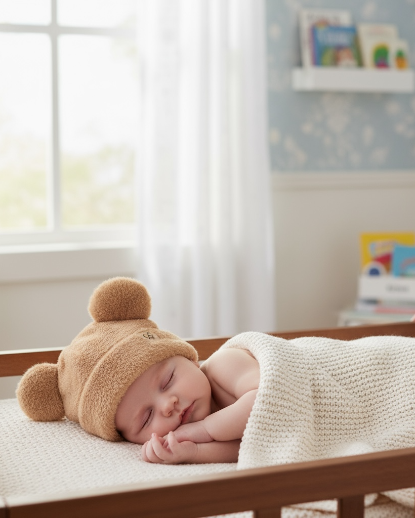 Baby sleeping in a crib wearing a bear hat with a blurred background