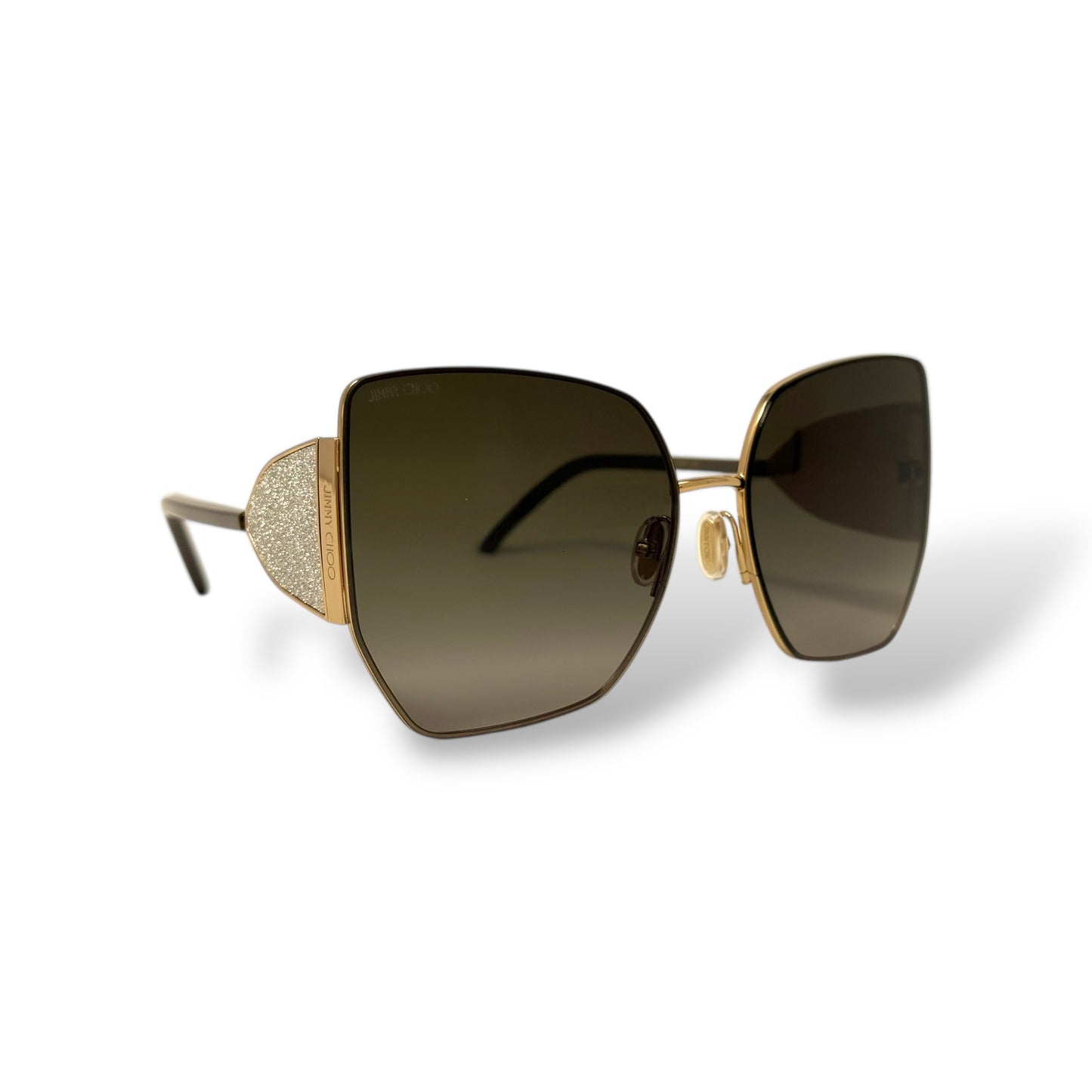 Jimmy Choo - Rivers Women Sunglasses oversized, side crystals on arm design, gold frame, dark brown lens gradient. Front, right corner view. logo shown on arm