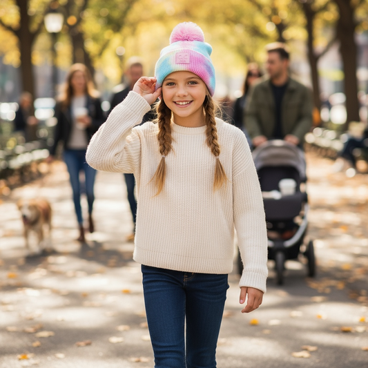 Young girl wearing a colorful beanie and white sweater in a park setting with blurred background