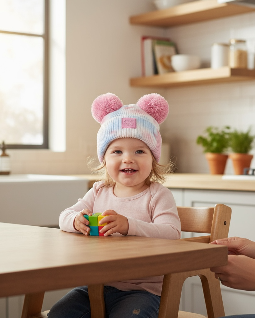 Child wearing a colorful hat with pom-poms sitting at a table in a kitchen.