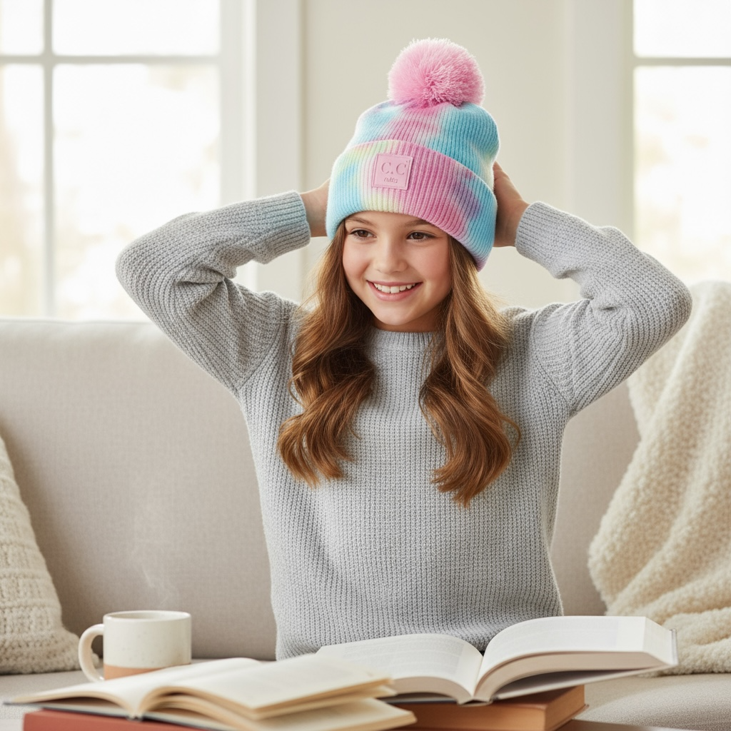 C.C Kids Pom Pom Cotton Candy Beanie