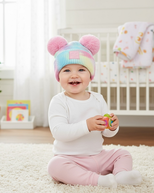 Baby sitting on a carpeted floor in a nursery, wearing a colorful knit hat and pink pants.