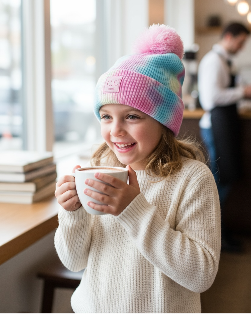 Child wearing a colorful knit hat and holding a mug in a cozy indoor setting