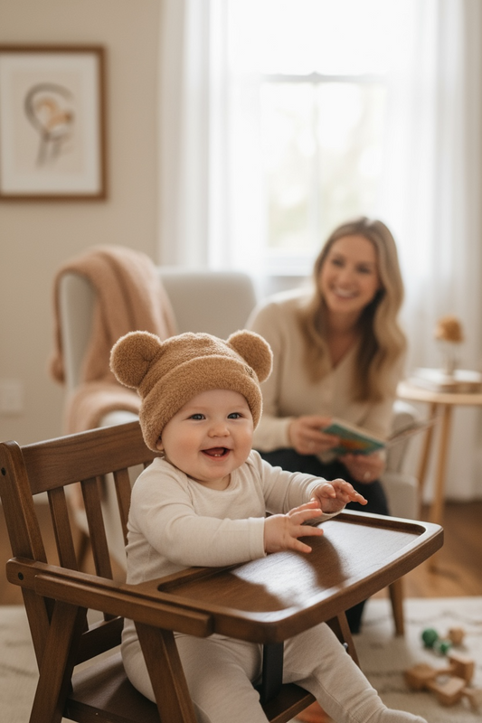 Baby in a high chair wearing a bear hat with a woman in the background.