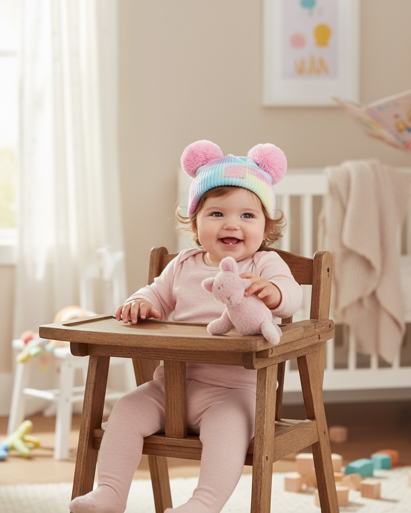 Child sitting on a wooden chair in a nursery room with toys scattered around
