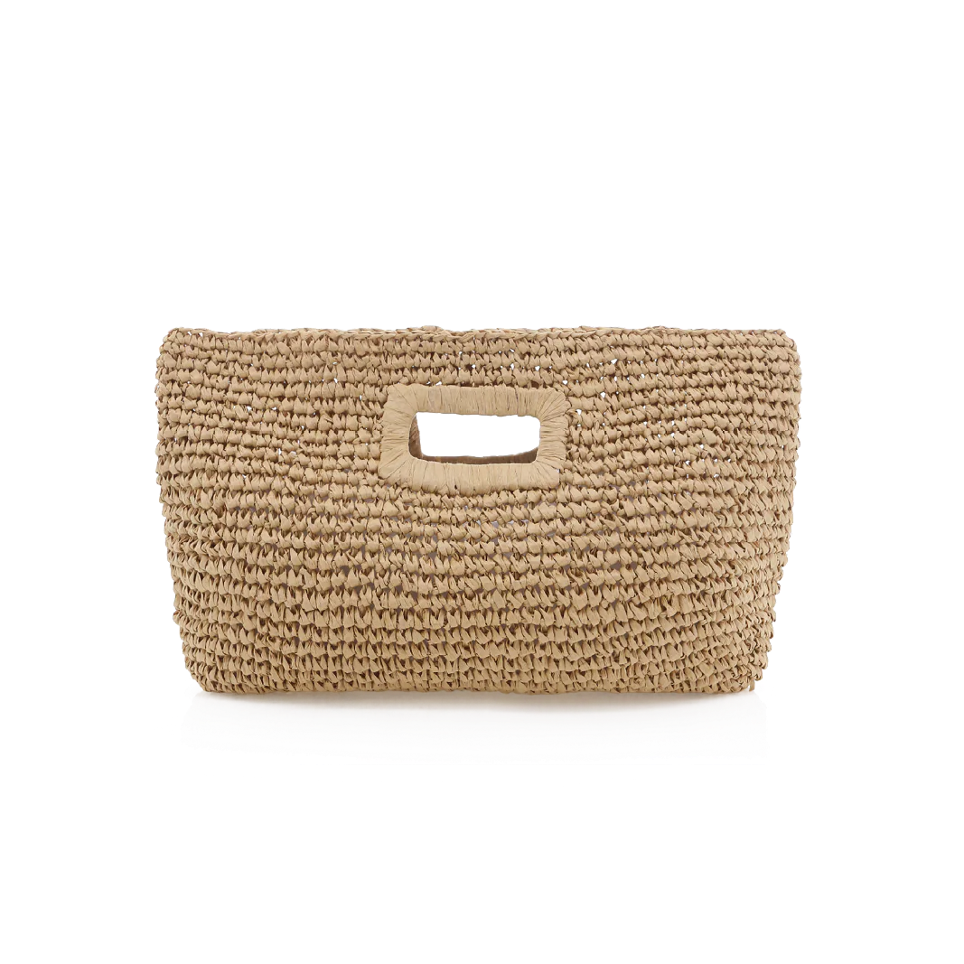 Beige woven clutch bag on a white background