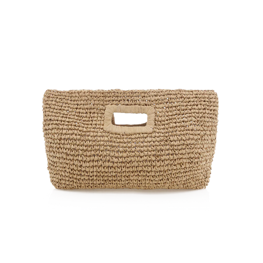 Beige woven clutch bag on a white background