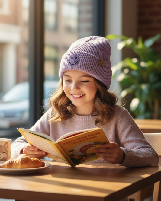 Child reading a book at a table with a cup and pastry in a cozy setting