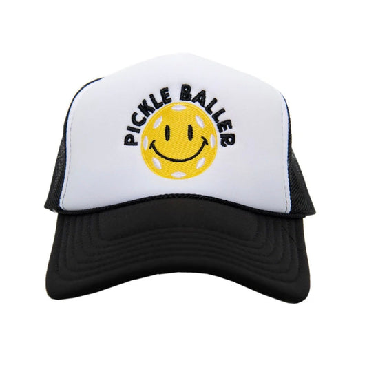 Trucker hat with smiley face and 'Pickle Baller' text on a white background