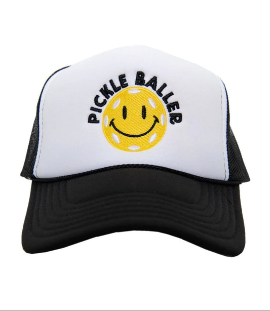 Trucker hat with smiley face and 'Pickle Baller' text on a white background