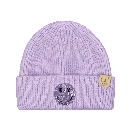 Lavender beanie with smiley face design and C.C logo on a white background