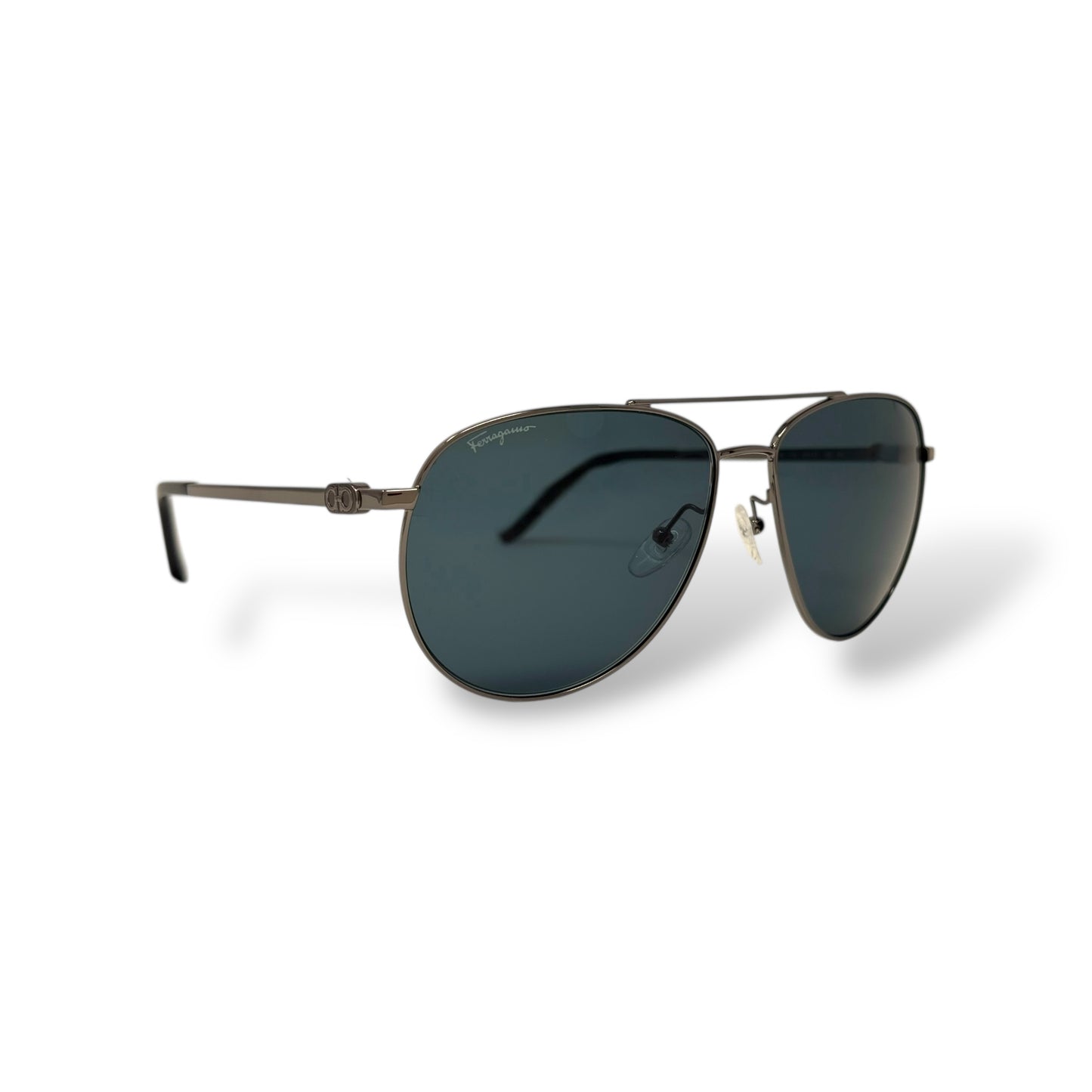 Ferragamo - SF157S Men Sunglasses classic aviator design om gunmetal frame with black lens front, corner view logo seen in lens