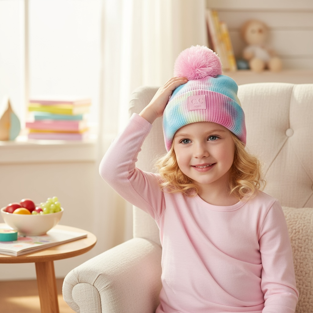 C.C Kids Pom Pom Cotton Candy Beanie