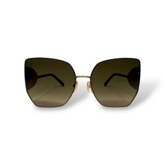 Jimmy Choo - Rivers Women Sunglasses oversized, side crystals on arm design, gold frame, dark brown lens gradient. Front view.