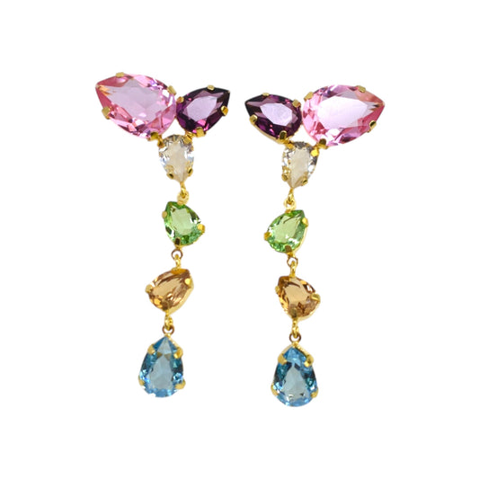 Multicolored gemstone earrings on a white background
Material: Sterling Silver, Gold Plated, Swarovski Crystals
Color: gold, light pink and white, light blue, pink, purple, white, and green
Measurement: .5 cm thickness, 2" length, 2.5 cm width