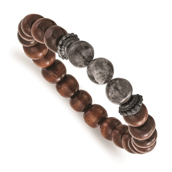 Material: wooden beads, labradorite beads
Measurement: 8.5" circumference with about an 1" stretch
Style: BLB1026
CLOSE UP PICTURE