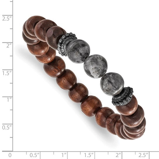 Bracelet with wooden and gray beads on a white background with measurement scale