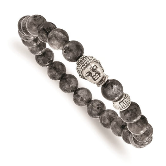 Bracelet with gray beads and Buddha head charm on a white background
Material: stainless steel, Labradorite beads
Color: silver, grey
Closure: infinity, stretch fit
Measurement: 8.5" circumference with 1" additional stretch