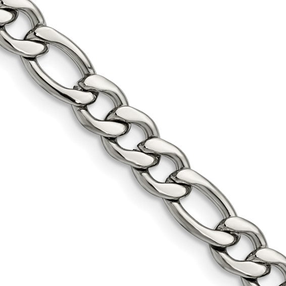 Silver chain bracelet on a white background
Material: stainless steel flat Figaro links
Color: silver
Closure: lobster (fancy)
Measurement: 9" circumference. 6.75 mm width