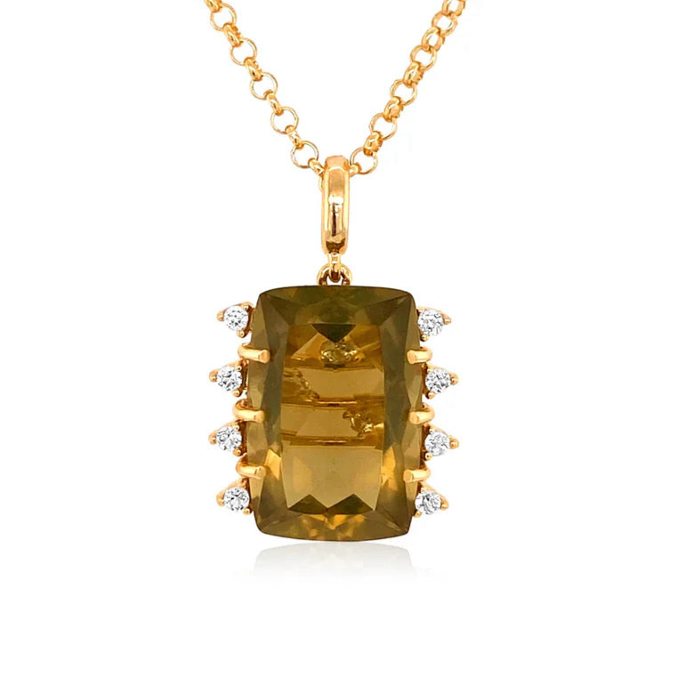 Gold necklace with a large rectangular green gemstone pendant on a white background
18K Yellow Gold Plated over 925 Silver - 3.5 grs
Antique cut Olive Quartz - 10.6 cts
11 White Topaz round 1.0 mm diamond cut