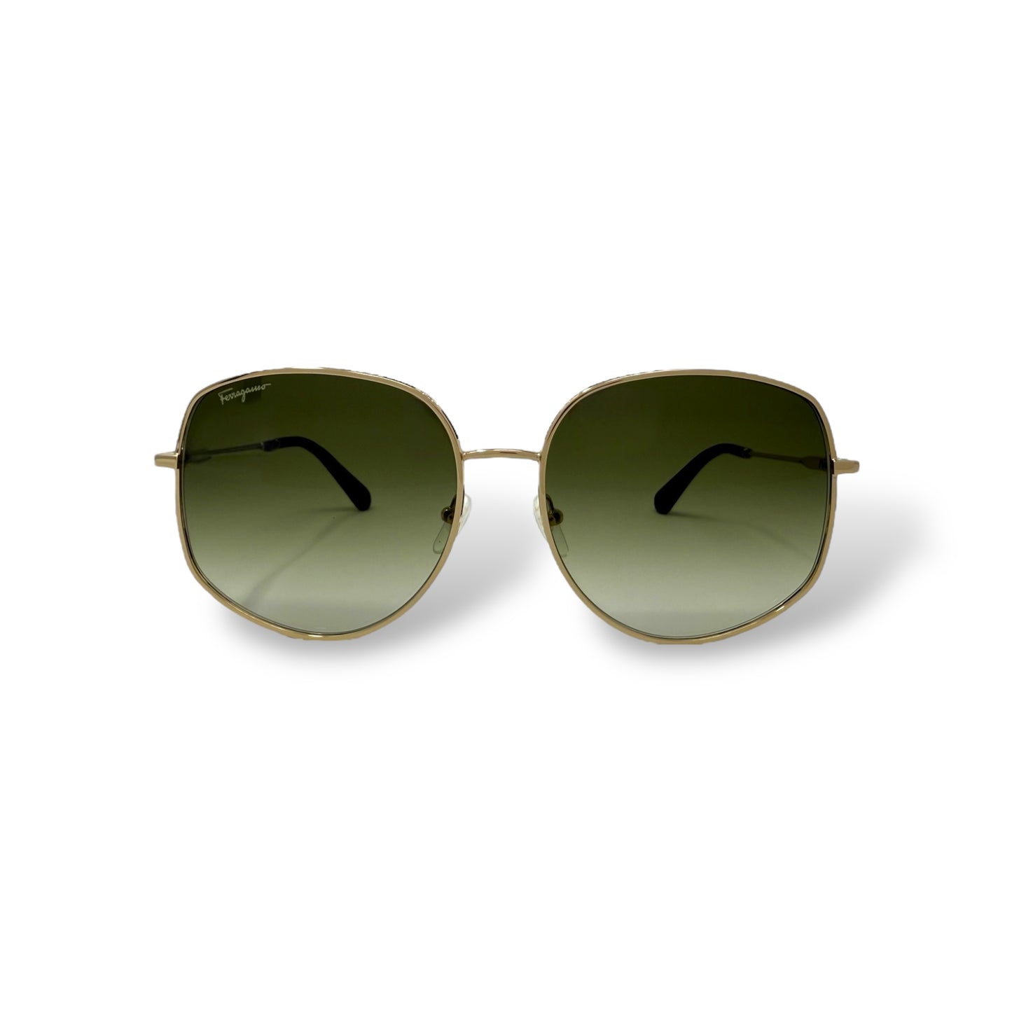 Ferragamo - SF277S Sunglasses women, oversized, lightweight, round wire gold frame with green gradient lens. front view. logo seen in lens