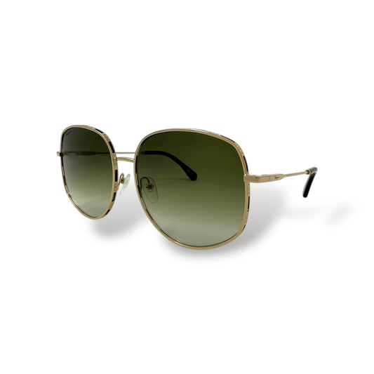 Ferragamo - SF277S Sunglasses women, oversized, lightweight, round wire gold frame with green gradient lens. front, corner view