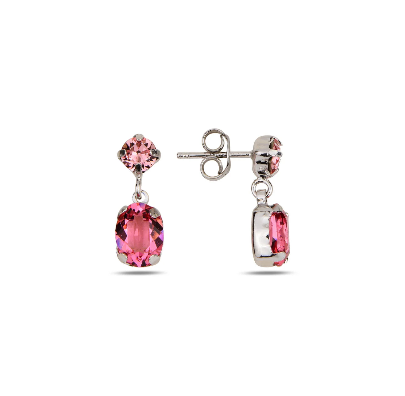 Pair of pink gemstone earrings on a white background