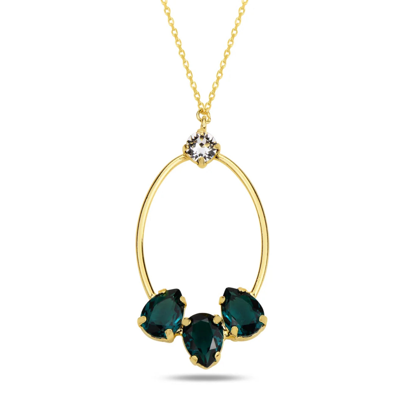 Gold necklace with green swarovski crystals on a white background