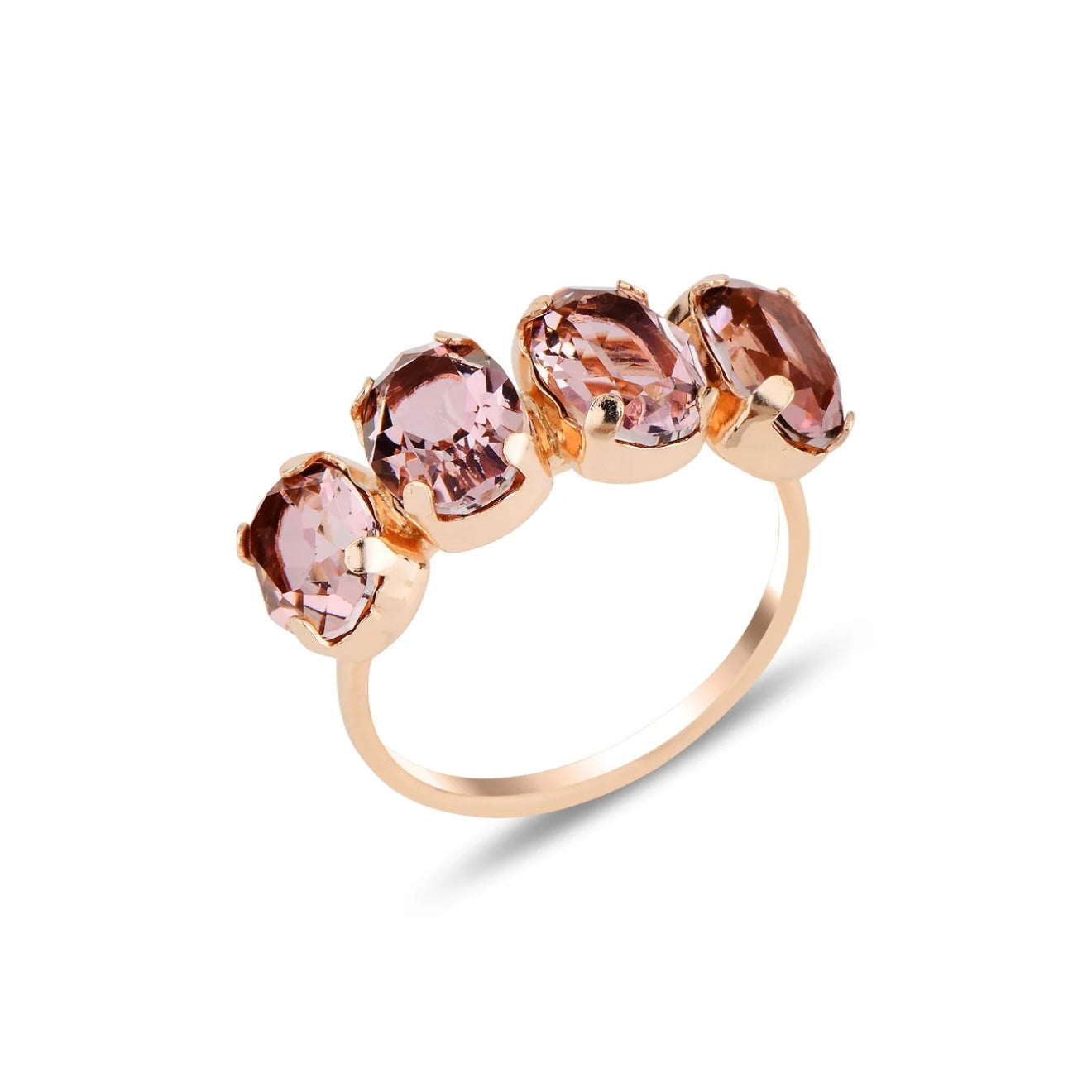 Gold ring with four pink crystals on a white background
Material: sterling silver, rose gold plated, 4 pale pink Swarovski crystals
Color: rose gold, pink crystals
Ring type: 4 stone band
Size: adjustable size 6 to size 8
