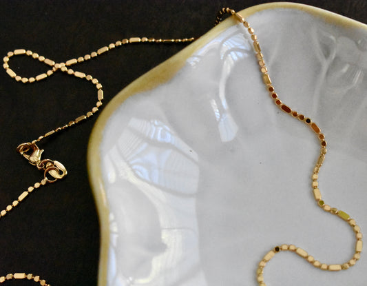 18K Gold Filled, 1 mm Flat Beaded Bar Chain Necklace