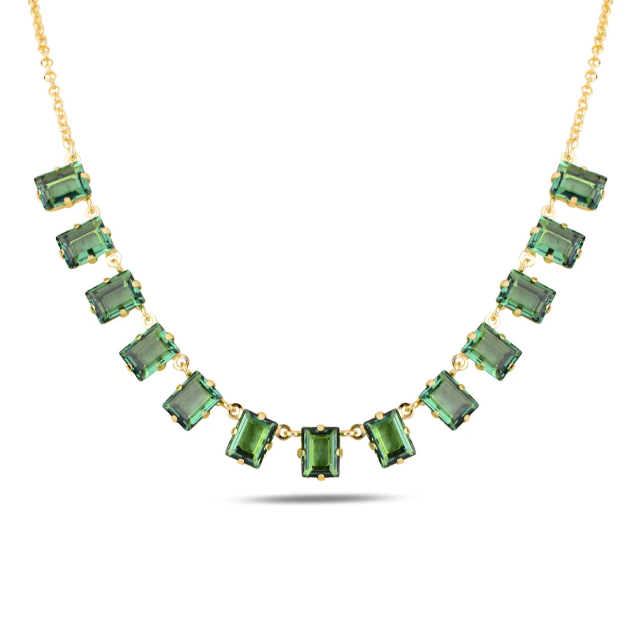 Necklace with green swarovski crystals on a white background