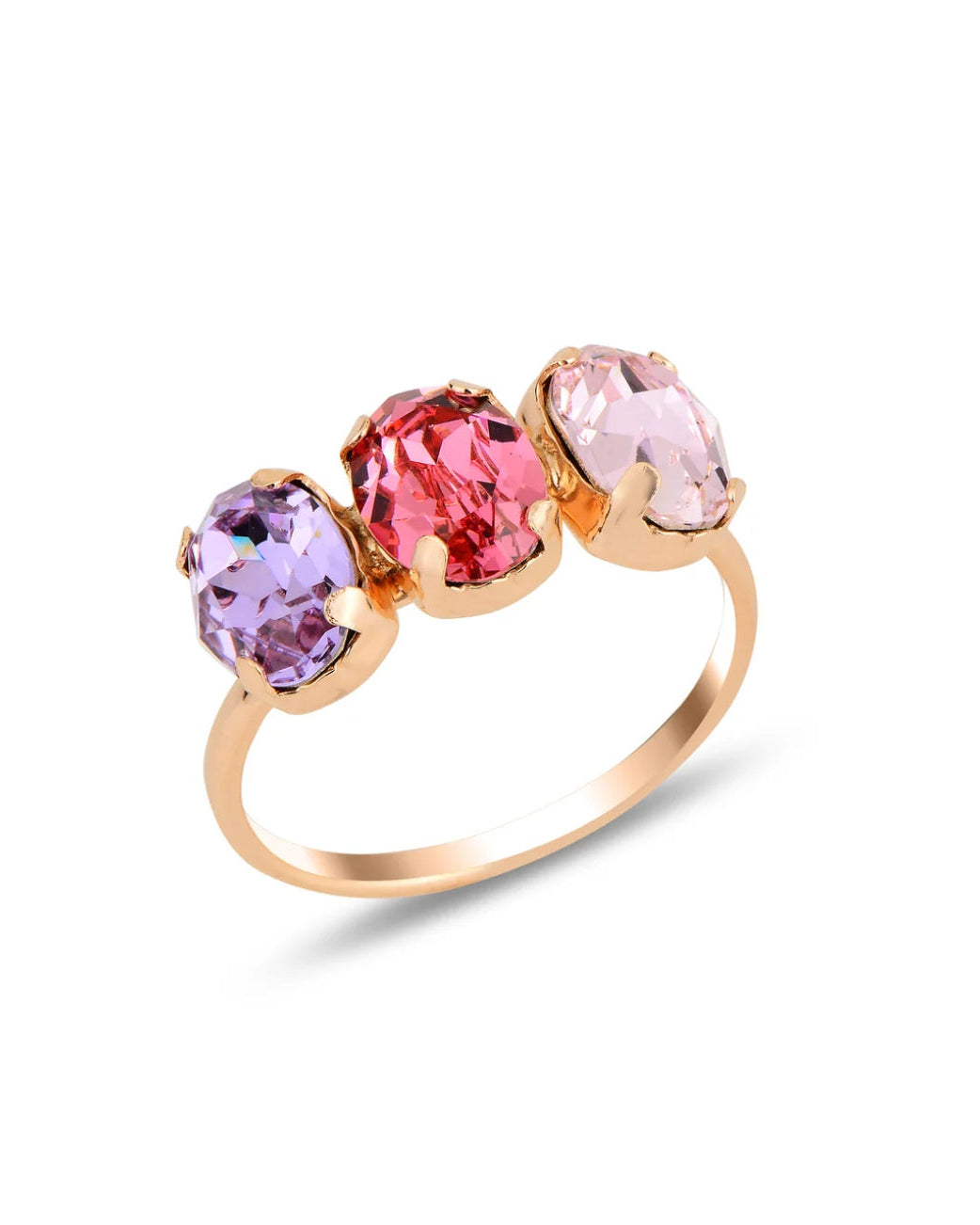 Gold ring with three colorful gemstones on a white background
Material: sterling silver, rose gold plated, translucent purple, pink and light pink
Color: rose gold translucent purple, pink and light pink
Ring type: 3 stone band
Size: adjustable from size 6 to size 8