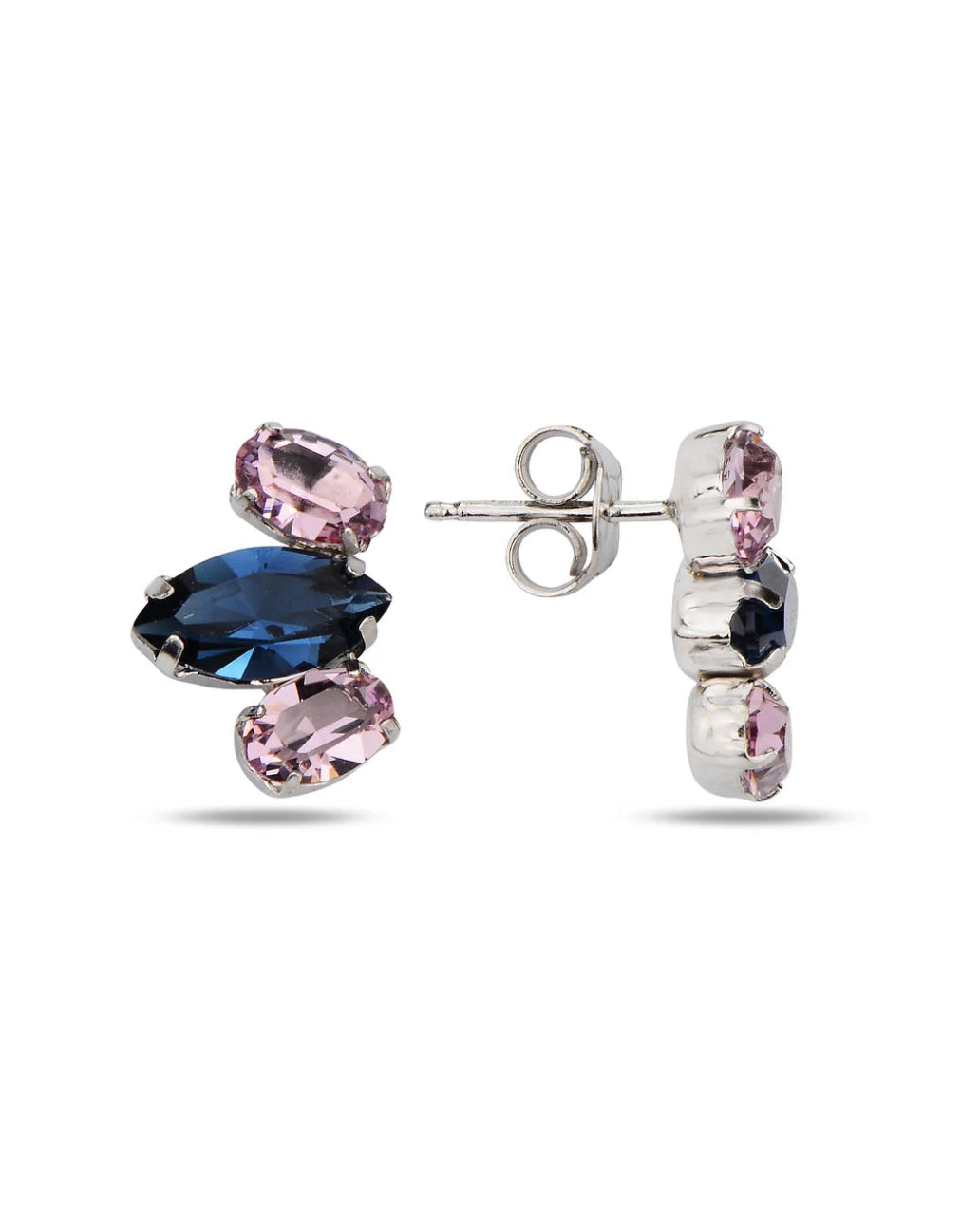 Pair of earrings with pink and blue gemstones on a white background