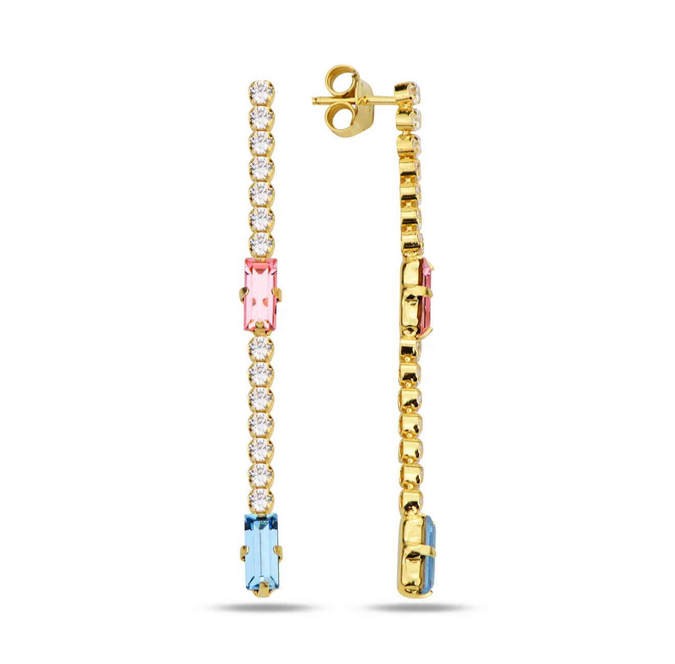 Gold earrings with pink and blue gemstones on a white background