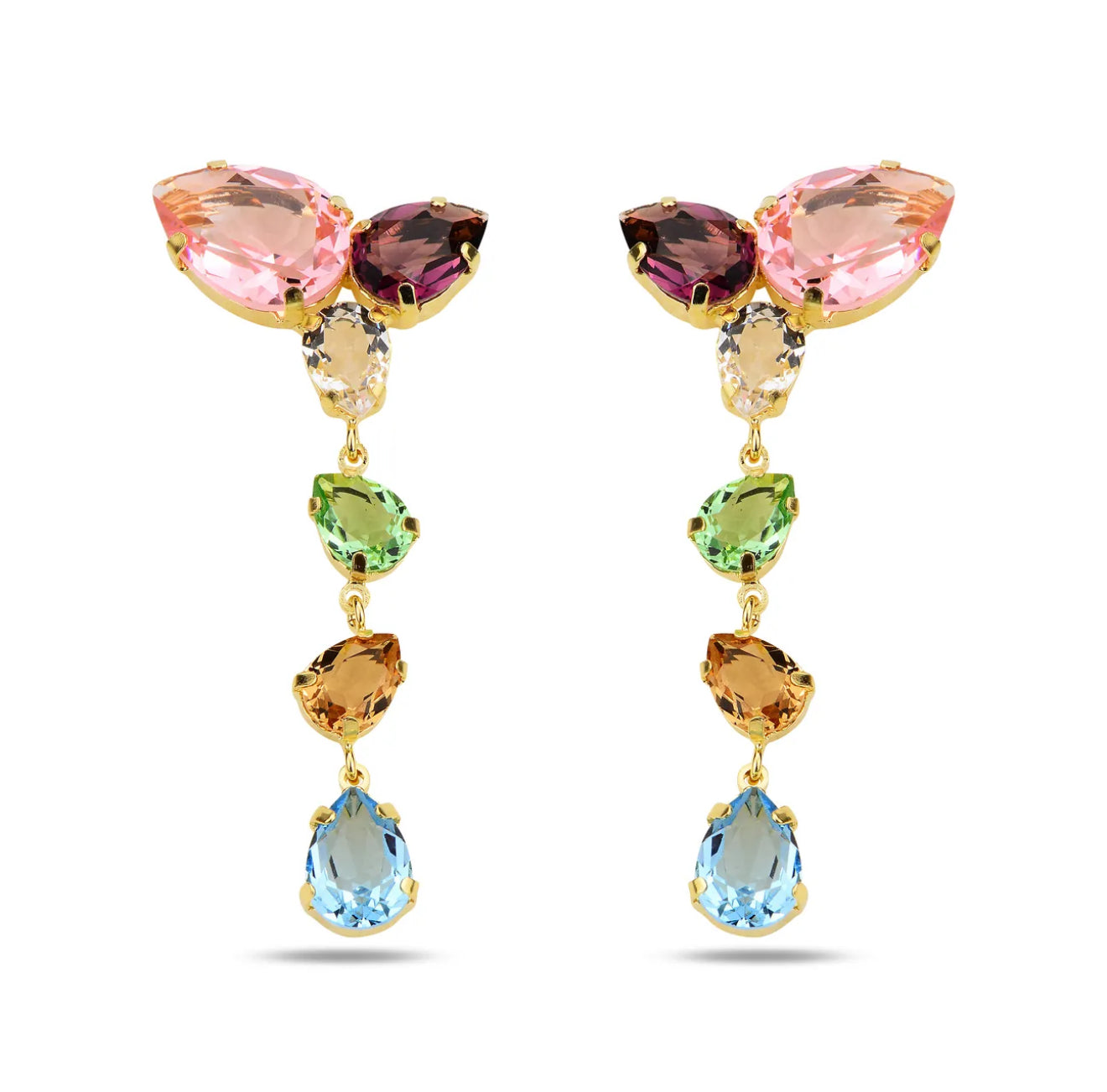 Multicolored gemstone earrings on a white background
Material: Sterling Silver, Gold Plated, Swarovski Crystals
Color: gold, light pink and white, light blue, pink, purple, white, and green
Measurement: .5 cm thickness, 2" length, 2.5 cm width